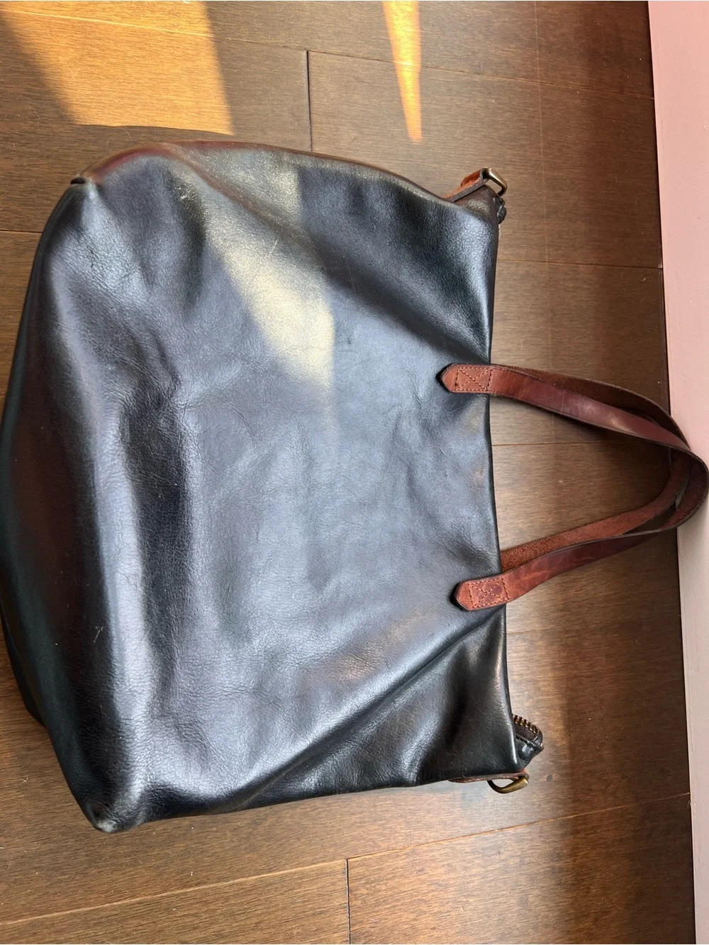 Madewell Black Leather Handbag with Brown Handles